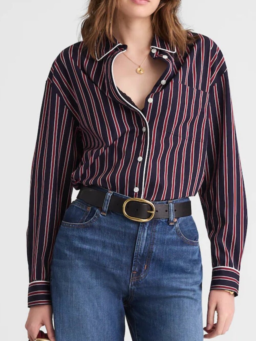 Madewell Long Button-Up Shirt Stripe Cotton Poplin Navy Red White Size XS NWT